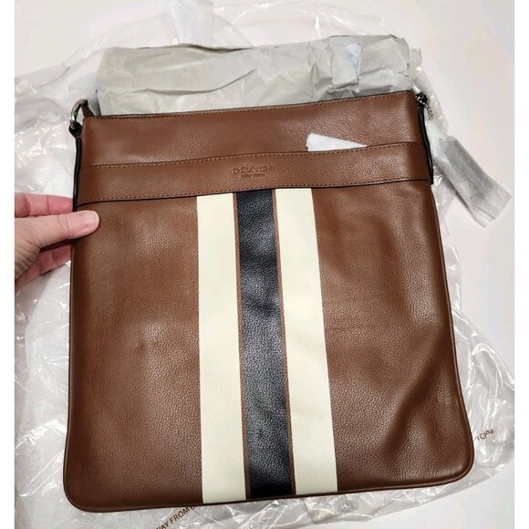 Coach New York Brown Pebbled Leather Charles Varsity Stripe Bag New W Tag - Picture 4 of 13